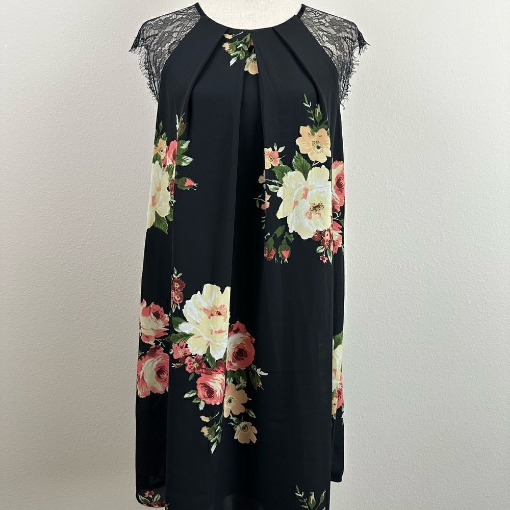 Bobeau Black Floral Dress with Lace Sleeves